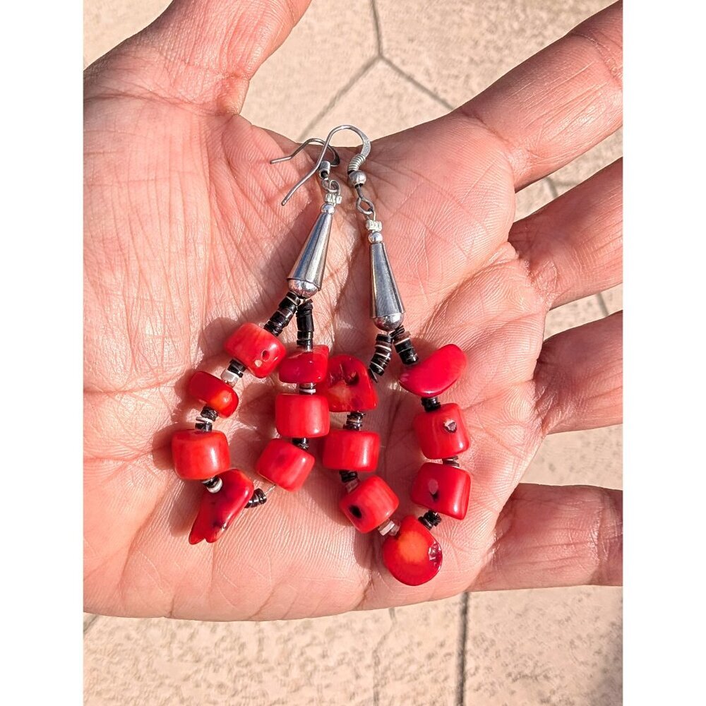 Southwest Coral & Black Onyx Dangle Earrings Sterling Silver Handmade 14g Tribal